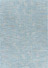 Close-up of the aqua Cairnlea Area Rug. Features a subtle leaf pattern and a woven texture. Coastal style. Design-Rectangle-537