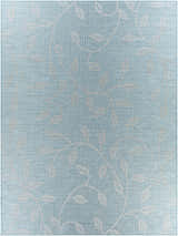 Close-up of the aqua Cairnlea Area Rug with a subtle white leaf and vine pattern. Design-Rectangle-71010