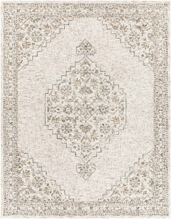 Close-up of the Currimao Area Carpet. Hand-tufted rug with a traditional Persian-inspired design in neutral tones. Design-Rectangle-79