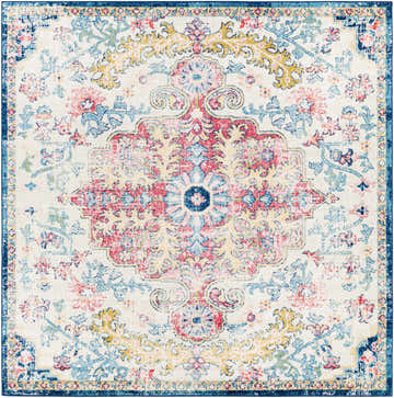 Close-up of the Corrimal Area Rug. Bohemian style with aqua, burgundy, ink blue, yellow, and off-white floral pattern. Design-Square-710