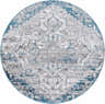 Round Carrington Area Rug in blue, charcoal, light gray, and white with a traditional oriental pattern. Design-Round-53