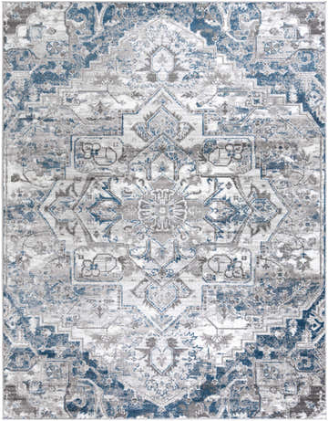 Close-up of the Carrington Area Rug, a traditional design in blue, charcoal, light gray, and white. Design-Rectangle-710103
