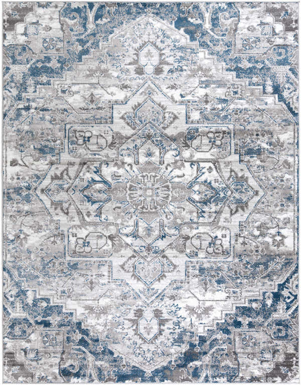 Close-up of the Carrington Area Rug, a traditional design in blue, charcoal, light gray, and white. Design-Rectangle-710103