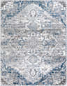 Close-up of the Carrington Area Rug, a traditional design in blue, charcoal, light gray, and white. Design-Rectangle-710103