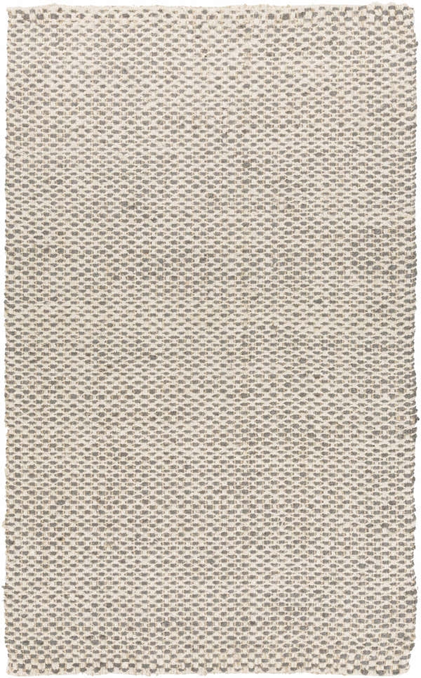 Close-up of the hand-woven Carrier Clearance Jute Carpet. Features a charcoal and ivory woven pattern on natural jute. Design-Rectangle-58
