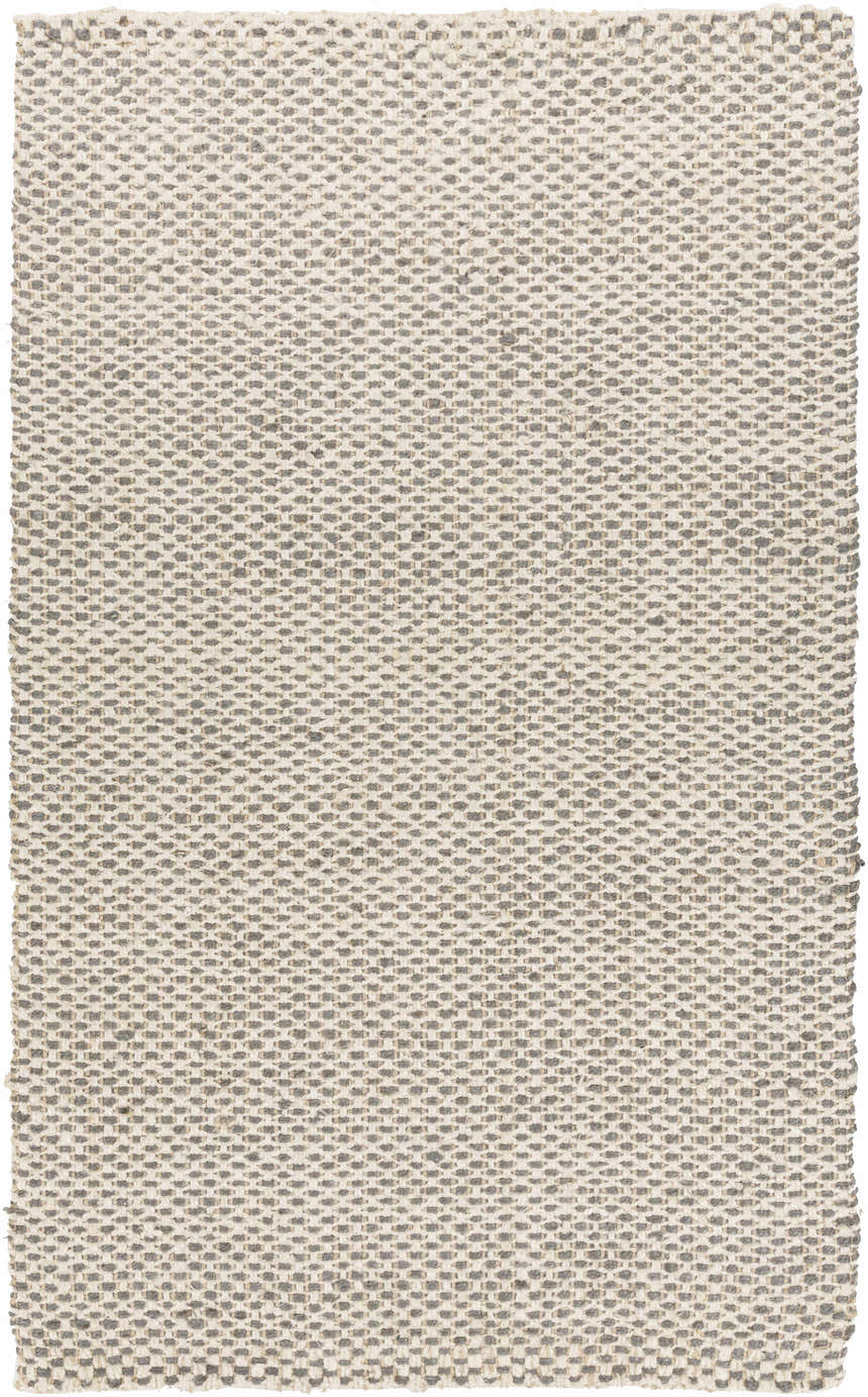 Close-up of the hand-woven Carrier Clearance Jute Carpet. Features a charcoal and ivory woven pattern on natural jute. Design-Rectangle-58