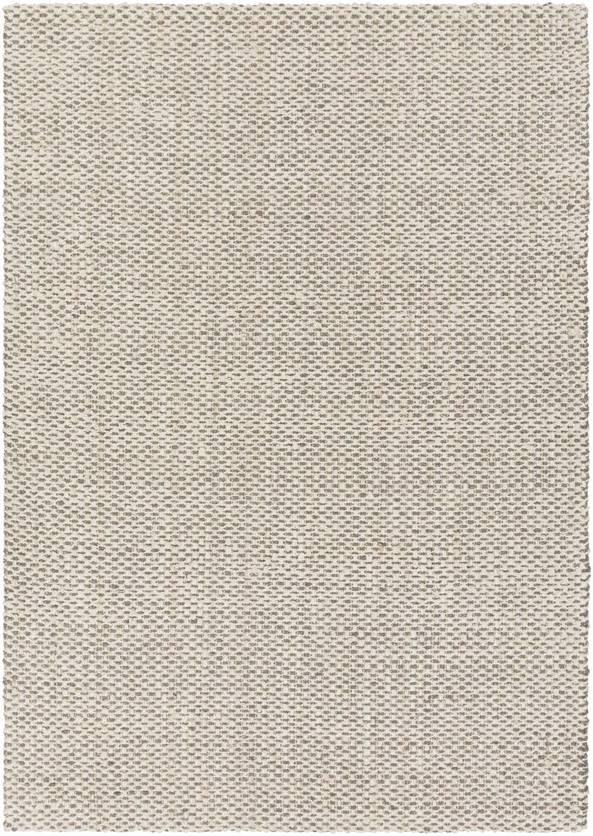 Close-up of the hand-woven Carrier Clearance Jute Carpet in charcoal, ivory, and natural jute. Farmhouse style rug. Design-Rectangle-811