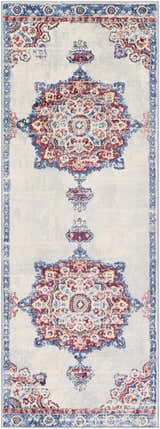 Close-up of Carron Area Rug, a runner with a traditional medallion pattern in blue, burgundy, and yellow on a silver gray background. Design-Runner-2773
