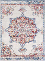 Close-up of Carron Area Rug with traditional medallion design in blue, burgundy, red, and yellow on a silver gray background. Design-Rectangle-5373