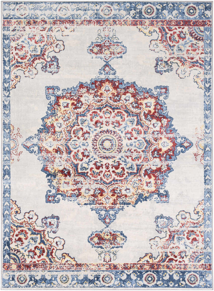 Close-up of Carron Area Rug with traditional medallion design in blue, burgundy, red, and yellow on a silver gray background. Design-Rectangle-5373