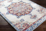 Close-up of the Carron Area Rug, a traditional rug with blue, red, and yellow medallion pattern on a light gray background. Corner