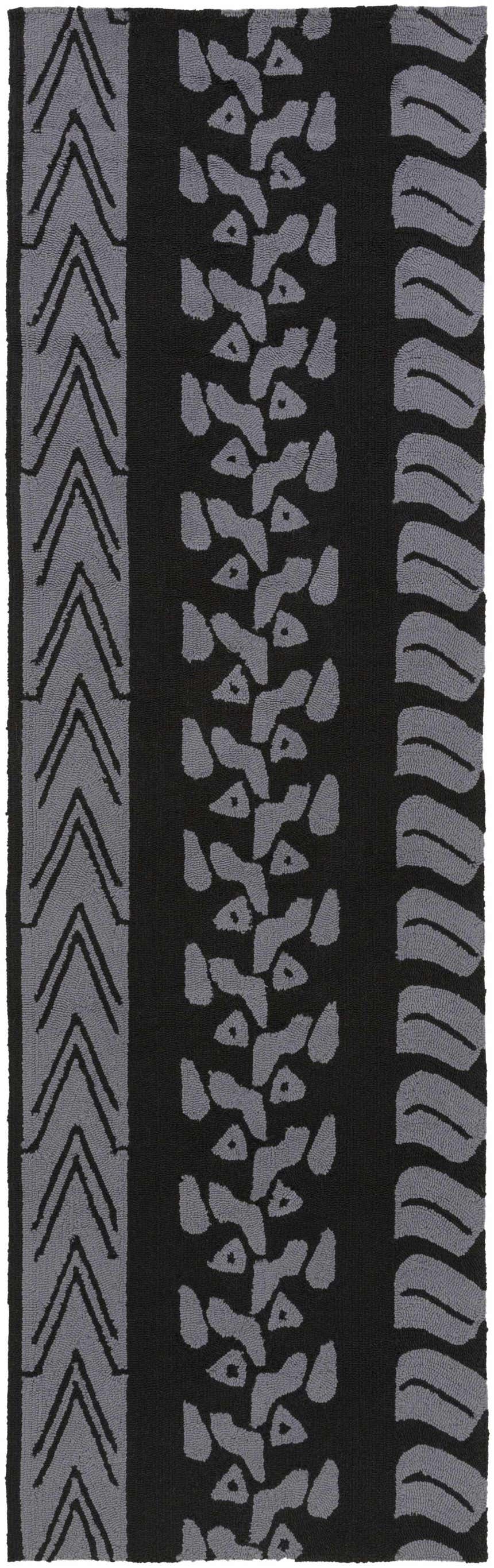 Close-up of the hand-hooked Cressona Area Rug. Black rug with gray contemporary arrow, shape, and wave patterns. Design-Runner-268