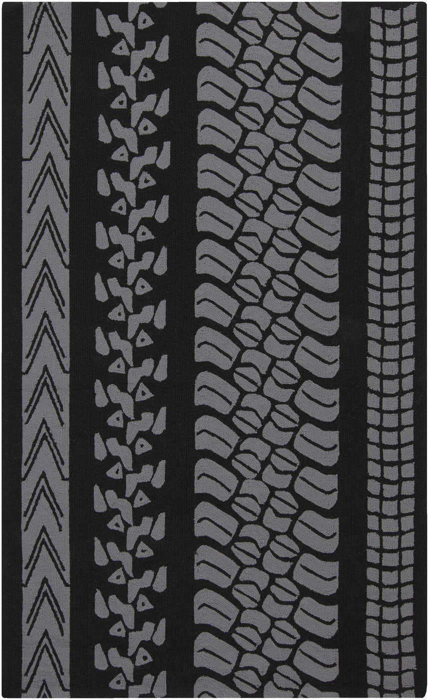 Close-up of the Cressona Area Rug featuring a gray pattern on a black background. Hand-hooked texture. Design-Rectangle-58