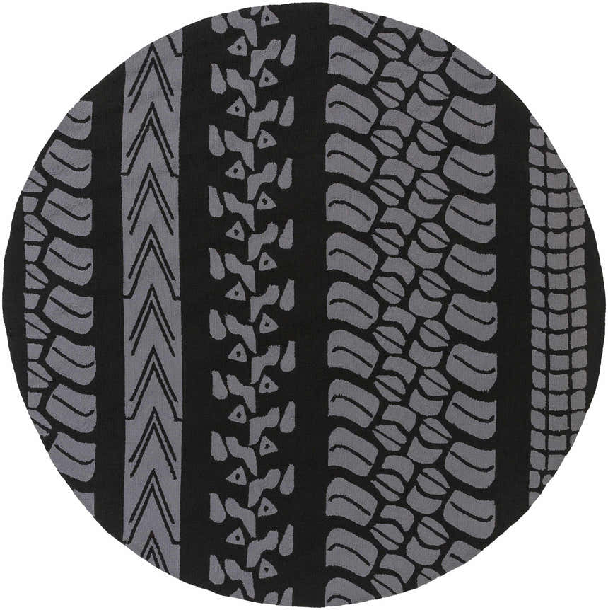 Close-up of round Cressona Area Rug; black background with gray geometric patterns and stripes. Hand-hooked texture. Design-Round-8