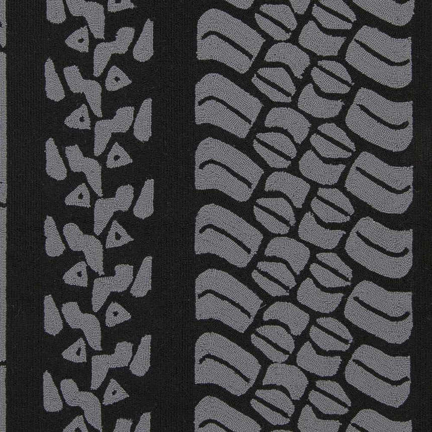 Close-up of the Cressona Area Rug, featuring a gray geometric pattern on a black, hand-hooked texture. Contemporary style. Swatch