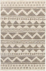 Close-up of the Cresco Jute Carpet. Farmhouse style rug with charcoal, dark brown, and ivory geometric patterns. Hand woven texture. Design-Rectangle-58