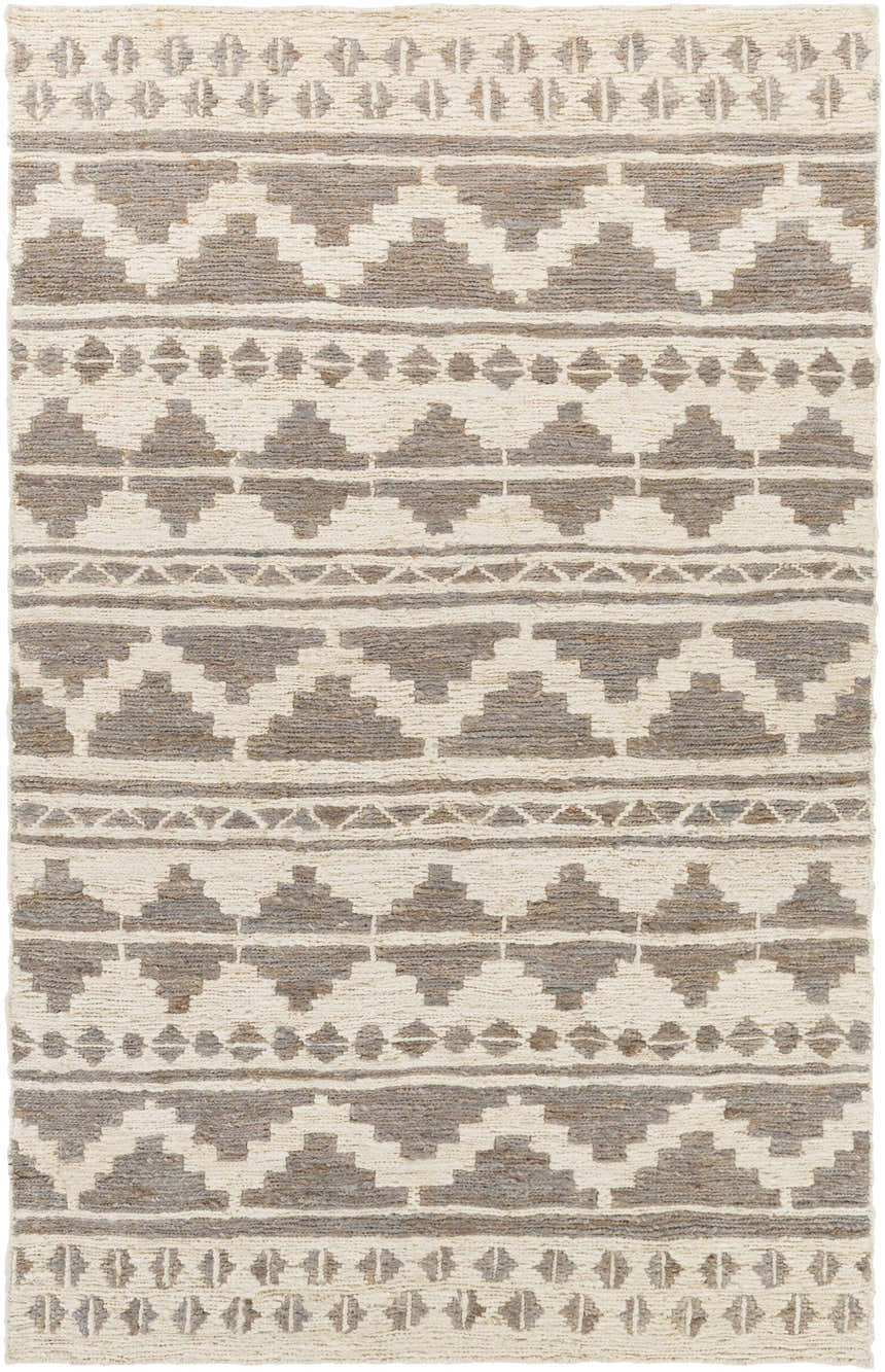 Close-up of the Cresco Jute Carpet. Farmhouse style rug with charcoal, dark brown, and ivory geometric patterns. Hand woven texture. Design-Rectangle-58