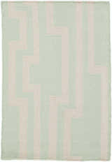 Close-up of the Carteret Area Rug. Hand-woven wool rug in ice blue and light beige with a contemporary geometric pattern. Design-Rectangle-23