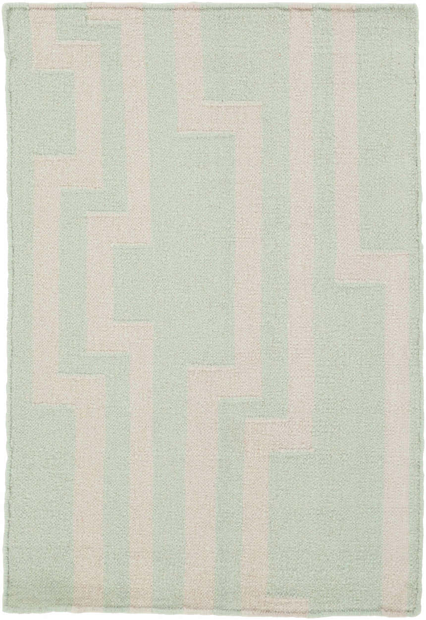 Close-up of the Carteret Area Rug. Hand-woven wool rug in ice blue and light beige with a contemporary geometric pattern. Design-Rectangle-23