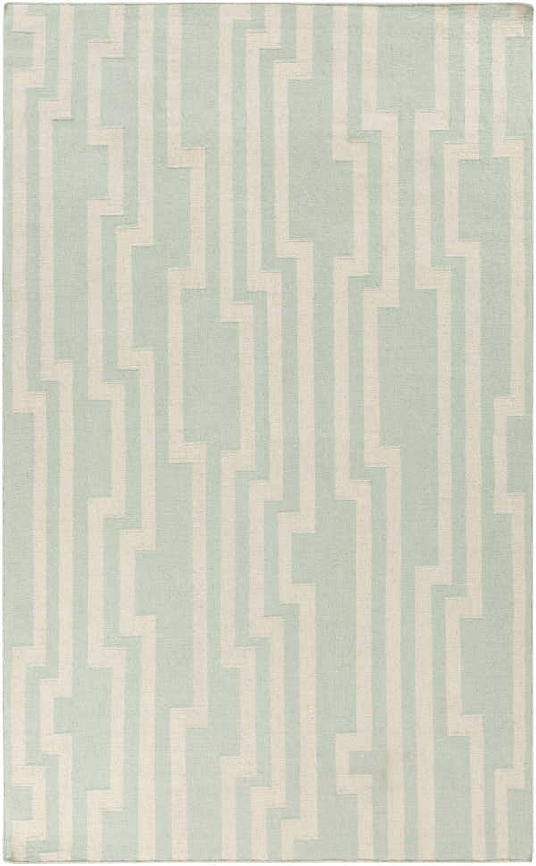 Close-up of the Carteret Area Rug. Ice blue wool rug with a light beige geometric stripe pattern. Hand woven. Design-Rectangle-58