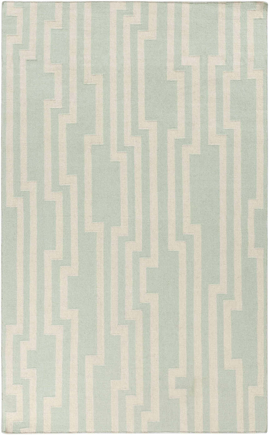 Close-up of the Carteret Area Rug. Ice blue wool rug with a light beige geometric stripe pattern. Hand woven. Design-Rectangle-58