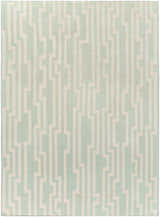 Close-up of the Carteret Area Rug. Hand-woven wool rug in ice blue and light beige with a contemporary geometric pattern. Design-Rectangle-811