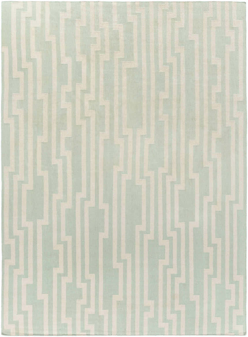 Close-up of the Carteret Area Rug. Hand-woven wool rug in ice blue and light beige with a contemporary geometric pattern. Design-Rectangle-811