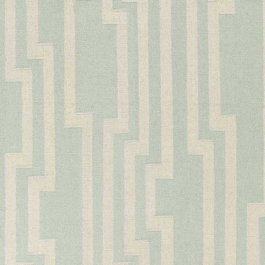 Close-up of the Carteret Area Rug. Ice blue rug with a light beige geometric stripe pattern. Hand woven wool texture. Swatch
