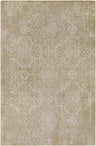 Close-up of the Cassel Area Rug. Hand-knotted wool rug in dusty sage and ivory with a traditional floral pattern. Design-Rectangle