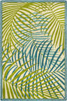 Close-up of the Castlerock Area Rug featuring a tropical palm leaf pattern in blue, cream, and grass green. Design-Rectangle-58