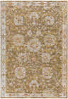 Detailed view of the Castlegar Thick Luxe Area Rug, showcasing its traditional floral pattern in brick red, olive, and light beige. Design-Rectangle-575