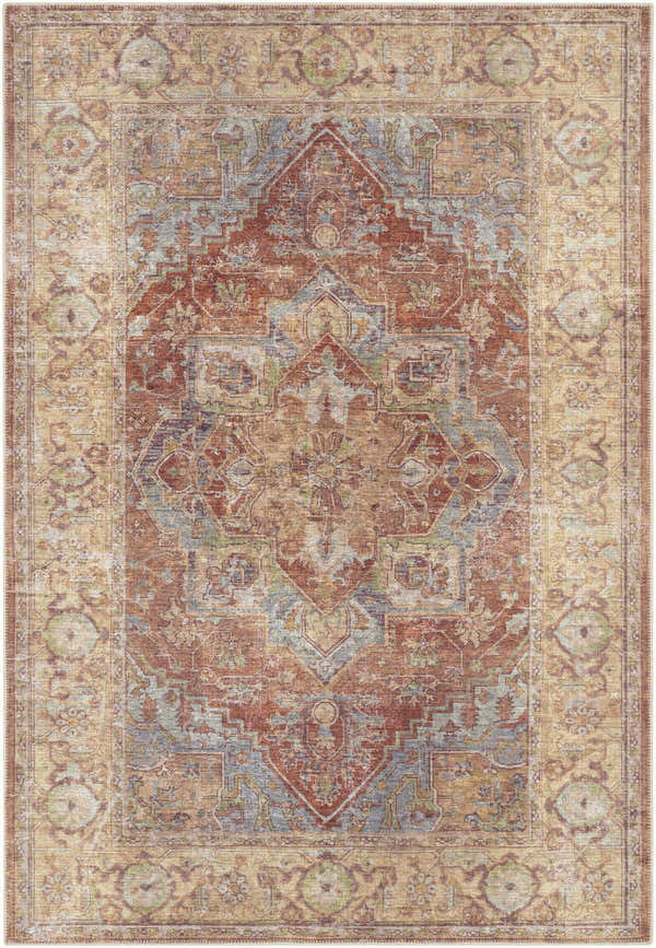 Detailed view of the Casterton Washable Area Rug. Bohemian style rug in brown, burnt orange, denim, and beige with an oriental pattern. Design-Rectangle-5373
