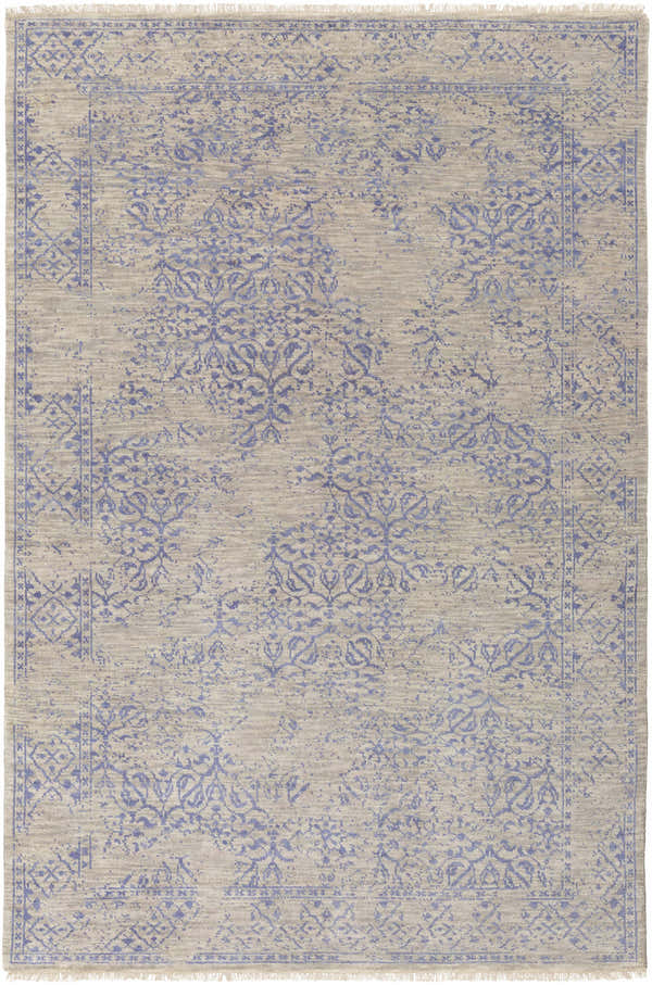 Hand knotted Cottontown Area Carpet in dark blue and gray wool. Traditional farmhouse style rug with fringe. Design-Rectangle-5686