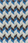 Hand woven Curtin Carpet with a contemporary chevron pattern in blue, navy, sage, and white wool. Design-Rectangle-58