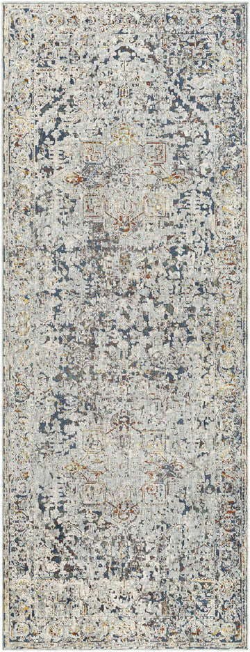 Close-up of the Cuckfield Textured Luxury Rug. Features a distressed, vintage design in blue, gray, ivory, and orange tones. Design-Runner-338