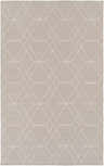Close-up of the hand woven Cudahy Area Carpet. Pale blue wool rug with a tan geometric diamond pattern. Design-Rectangle-576