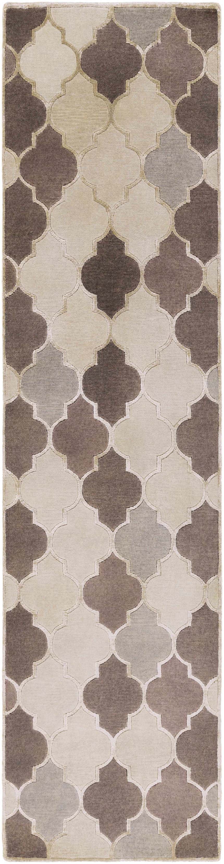 Close-up of the hand-knotted Cuero Area Rug. Charcoal, light brown, and taupe wool form a contemporary quatrefoil pattern. Design-Runner-2610