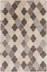 Close-up of the hand-knotted Cuero Area Rug. Features a quatrefoil pattern in charcoal, light brown, and taupe hues. Design-Rectangle-58