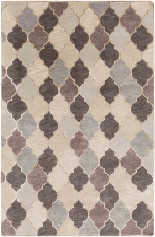 Close-up of the hand-knotted Cuero Area Rug. Features a quatrefoil pattern in charcoal, light brown, and taupe hues. Design-Rectangle-58
