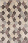 Close-up of the hand-knotted Cuero Area Rug. Features a quatrefoil pattern in charcoal, light brown, and taupe hues. Design-Rectangle-58
