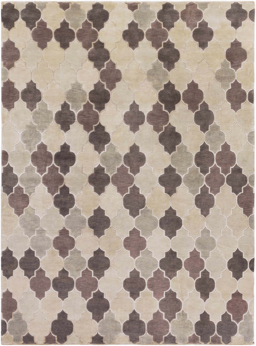 Close-up of the Cuero Area Rug showcasing its quatrefoil pattern in charcoal, light brown, and taupe hues. Design-Rectangle-811