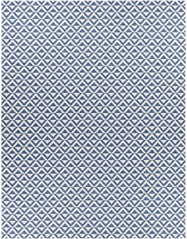 Close-up of Cumby Denim Outdoor Area Carpet featuring a geometric triangle pattern in cream and dark blue. Design-Rectangle-710102