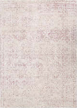 Close-up of the Cunderdin Carpet, a hand-knotted rug in a farmhouse style with a mauve and white geometric pattern. Design-Rectangle-69