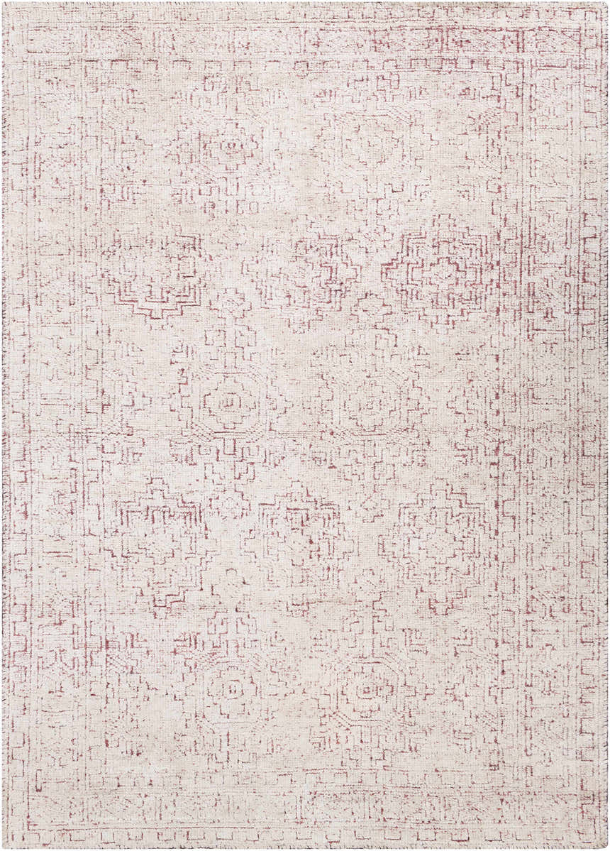 Close-up of the Cunderdin Carpet, a hand-knotted rug in a farmhouse style with a mauve and white geometric pattern. Design-Rectangle-69