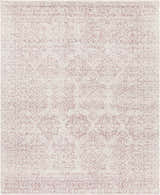 Close-up of the Cunderdin Carpet. Hand-knotted rug with a traditional mauve and white geometric pattern. Viscose material. Design-Rectangle-811