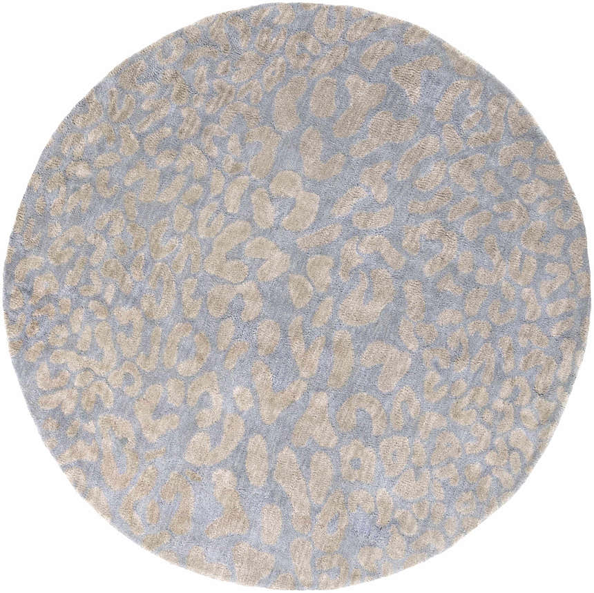 Round Curwensville Leopard Print Area Rug. Slate blue wool rug with a taupe animal print design. Design-Round-6