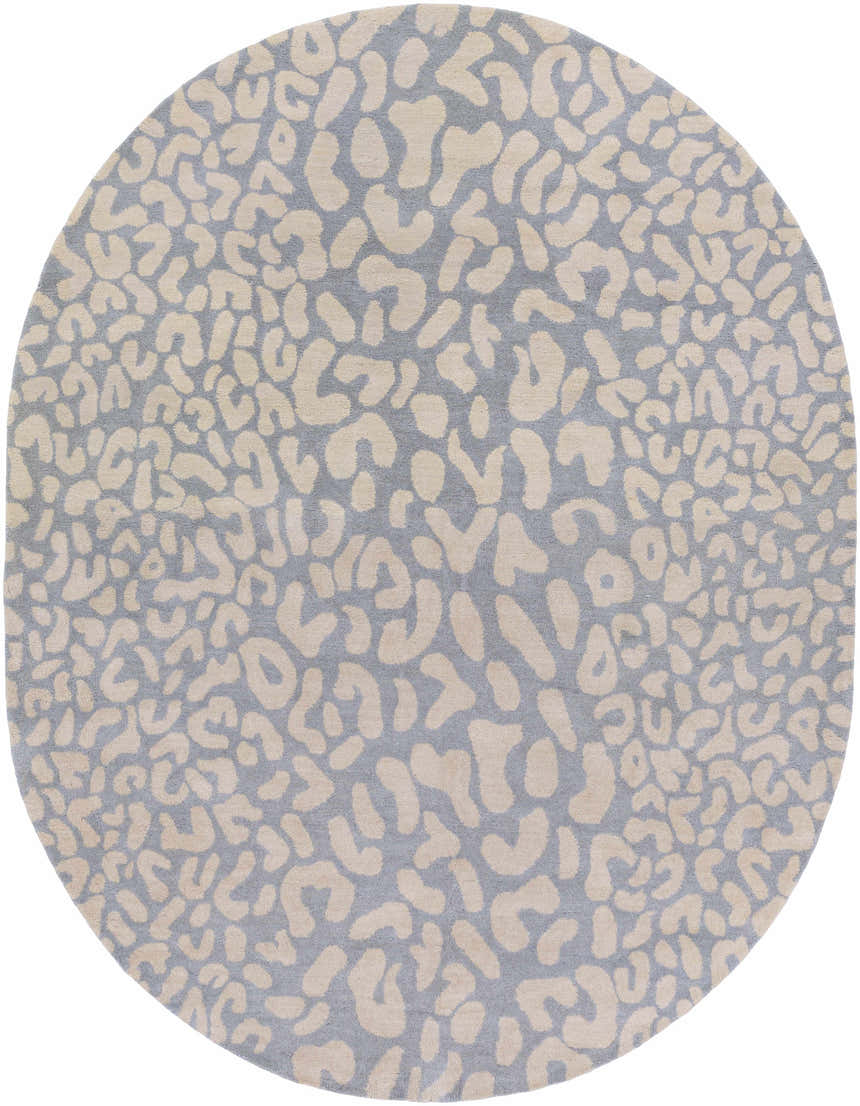 Close-up of a round Curwensville Leopard Print Area Rug. Slate background with a taupe animal print pattern. Design-Oval-810