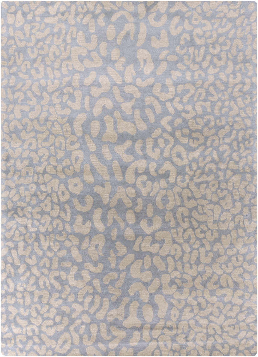 Close-up of the Curwensville Leopard Print Area Rug in slate and taupe, showcasing the wool texture and animal pattern. Design-Rectangle-811