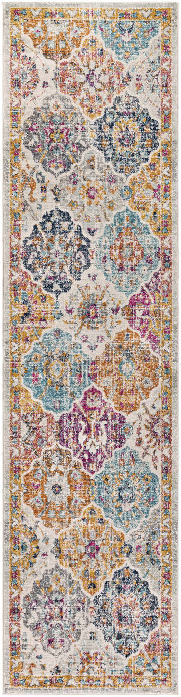 Close-up of the Custar Colorful Area Rug. Bohemian style with burgundy, teal, and orange hues. Design-Runner-2710