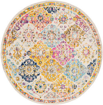 Close-up of the round Custar Colorful Area Rug. Features bohemian design with navy, teal, pink, and yellow hues. Design-Round-53